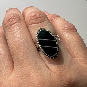 Taxco Mexico Sterling Silver Inlaid Onyx Ring Size 7